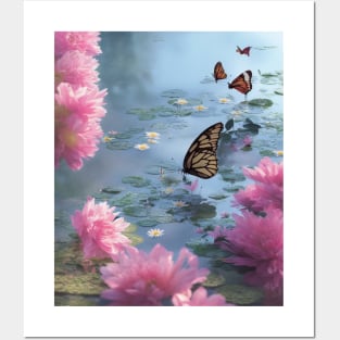 Water lilies, flowers and butterflies Posters and Art